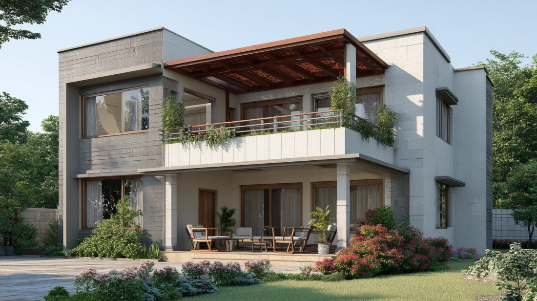 Modern double-story house with large windows and 6 rooms