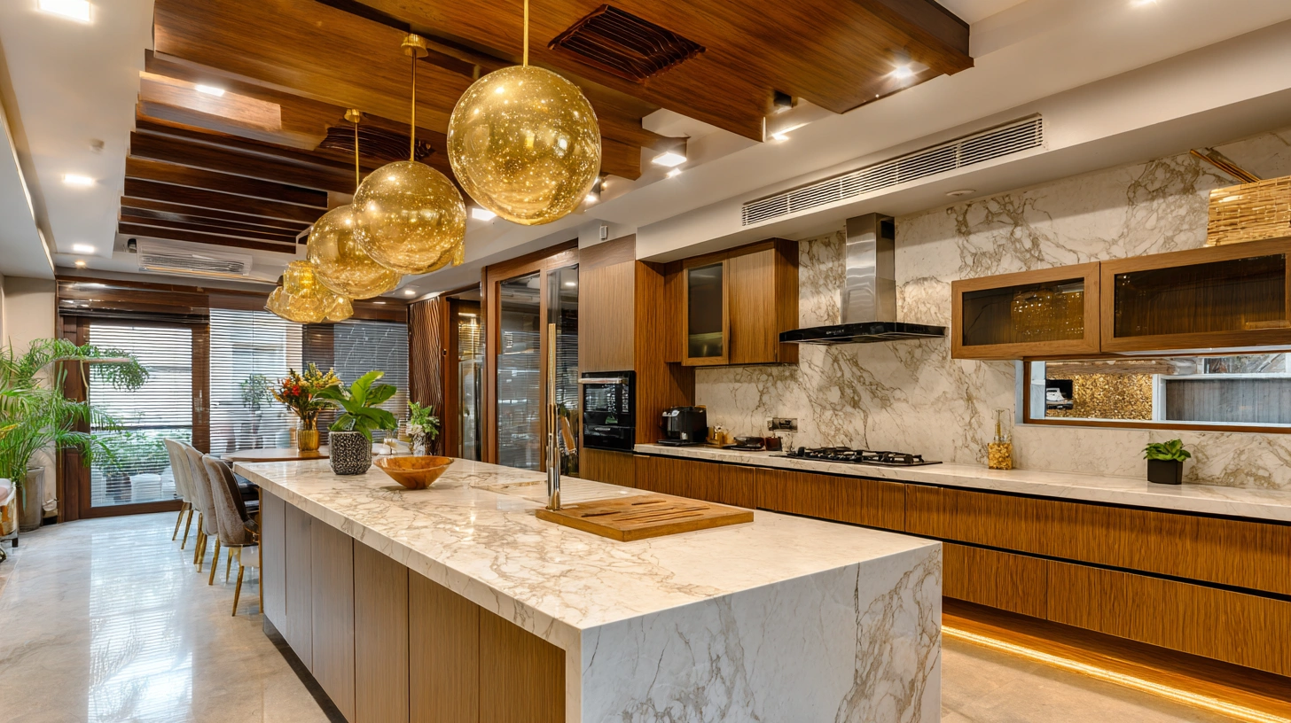 Modern kitchen featuring a sophisticated double-layer gypsum ceiling