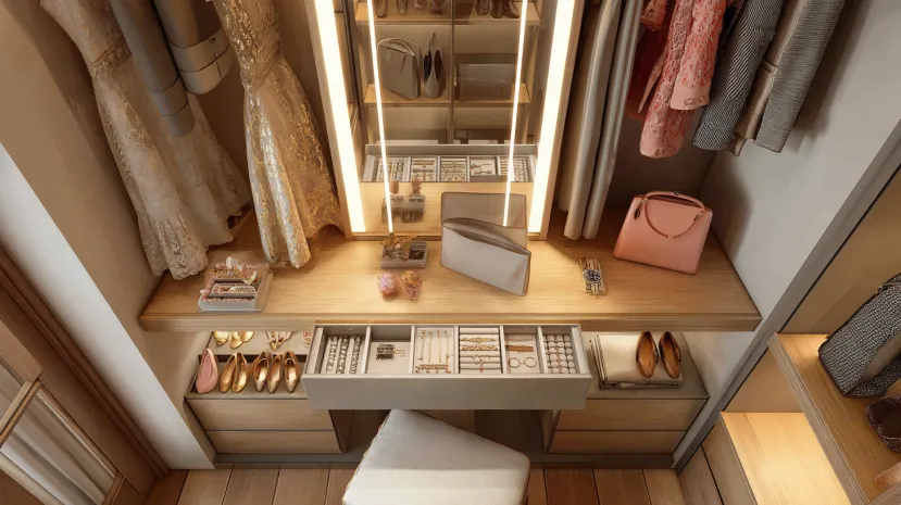 Sliding wardrobe interior with integrated dressing table for bedroom