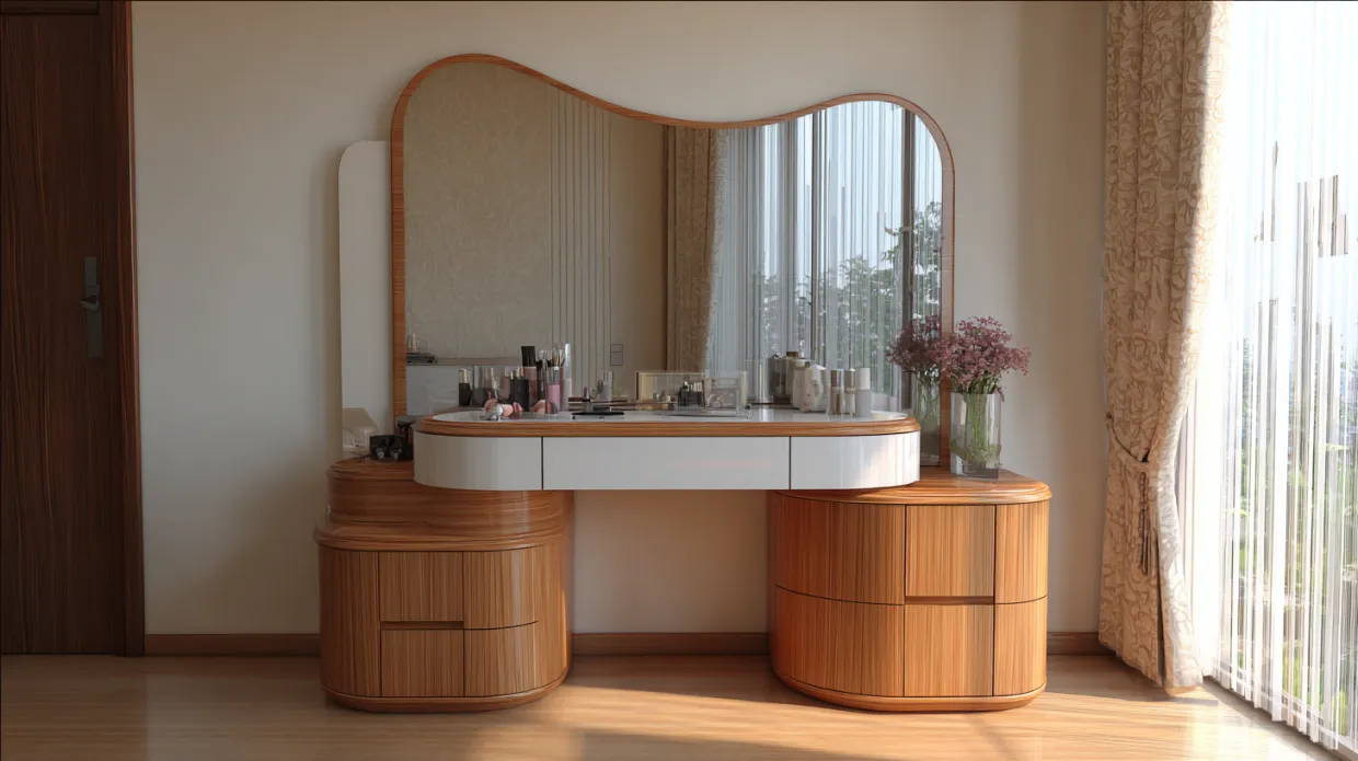 dressing table with curved mirrors and storage drawers, perfect for adding elegance to modern bedroom interiors