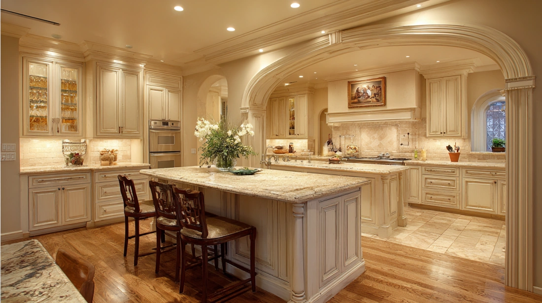 Cream-colored kitchen with a large decorative fluted arch