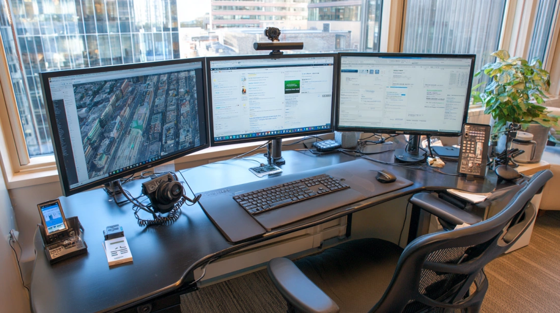 Desk with two monitors, a headset, and ergonomic keyboard