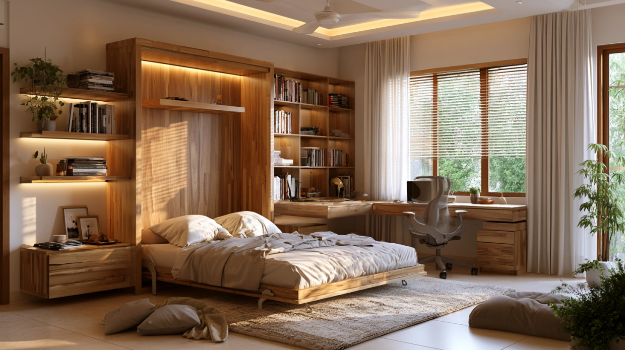 Guest bedroom with Murphy bed and integrated home office.