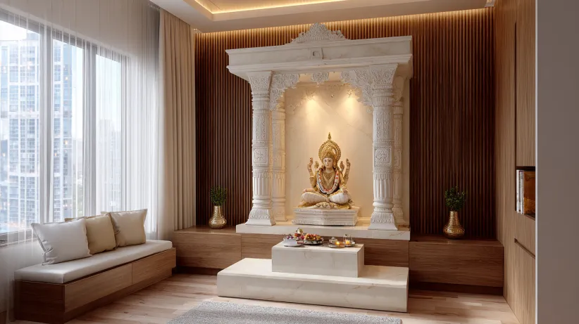 Dual-tone Indian mandir design for home interiors