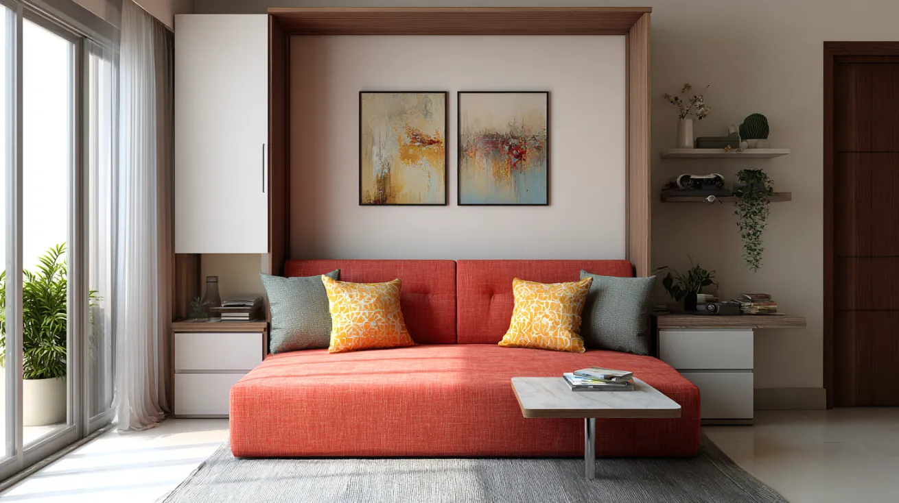 Dual-purpose furniture serves multiple functions, optimising space and functionality in a 2BHK interior.