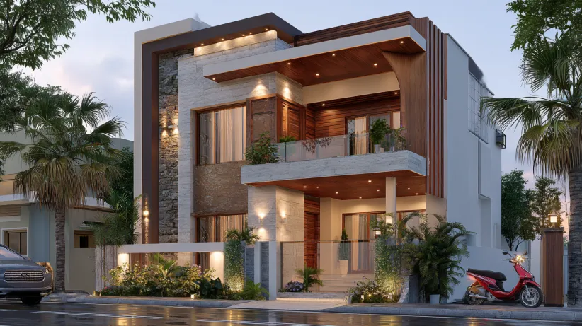 Luxury duplex 15x30 house plan with wooden cladding.