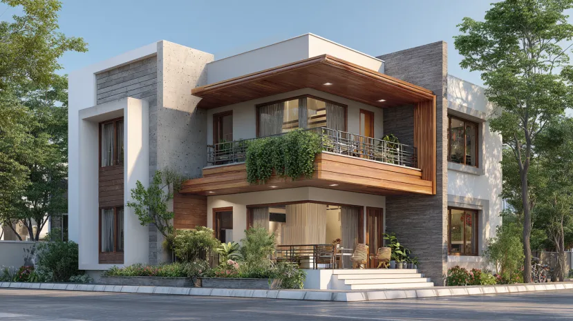 Luxury two-story duplex design with concrete and wood accents