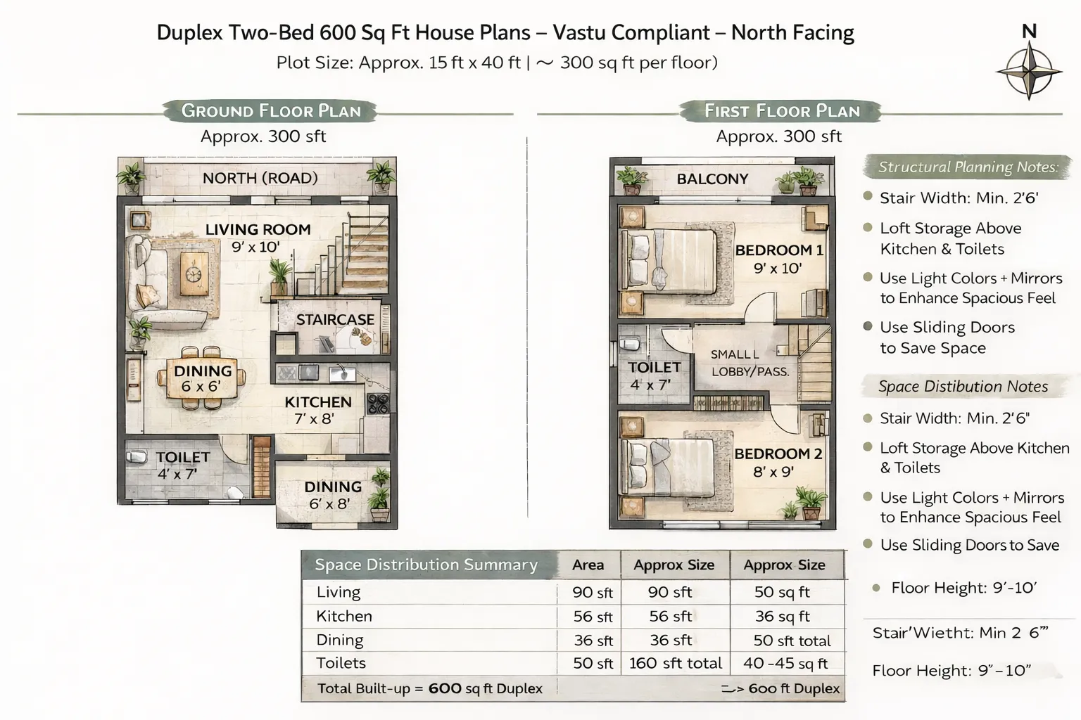 Vastu compliant 600 sq ft house plans for duplex