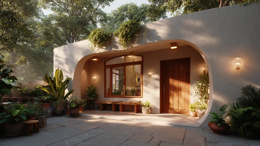 Sustainable earthbag house with curved white archway