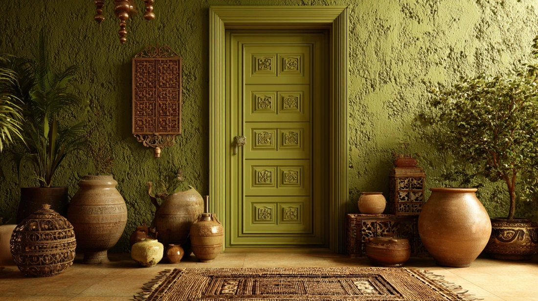 Earthy olive green door with warm natural textures