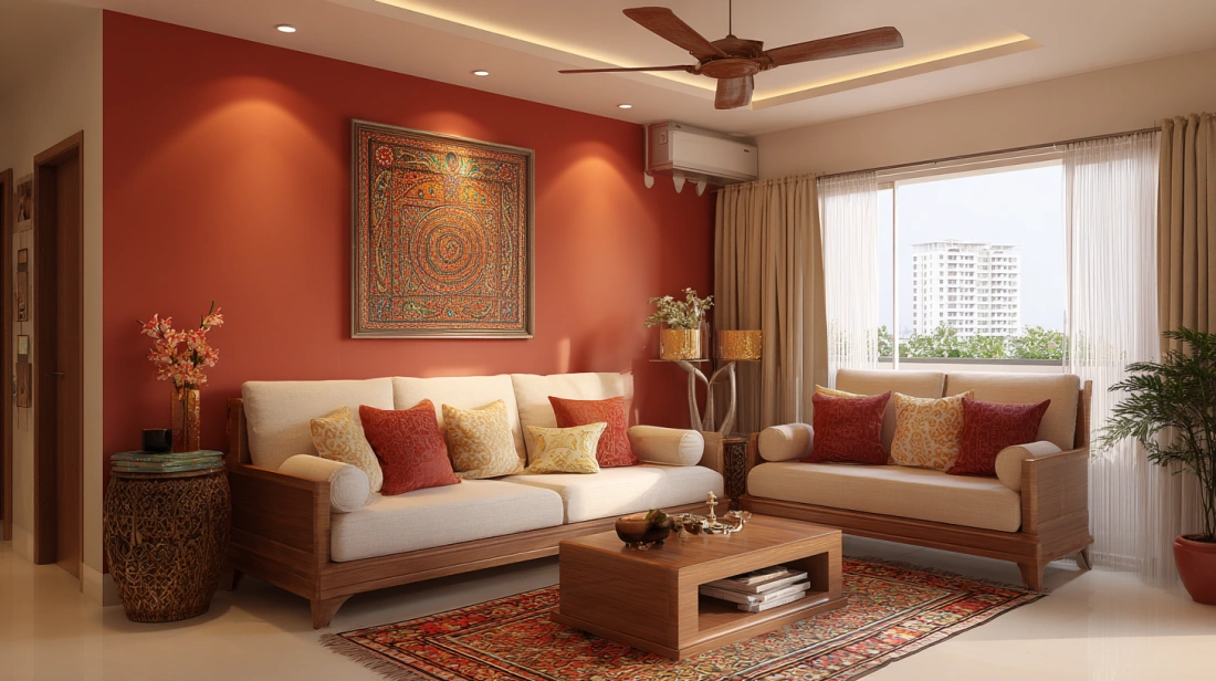 Earthy red wall with traditional framed art