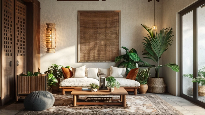Earthy Indian living room with natural materials and plants