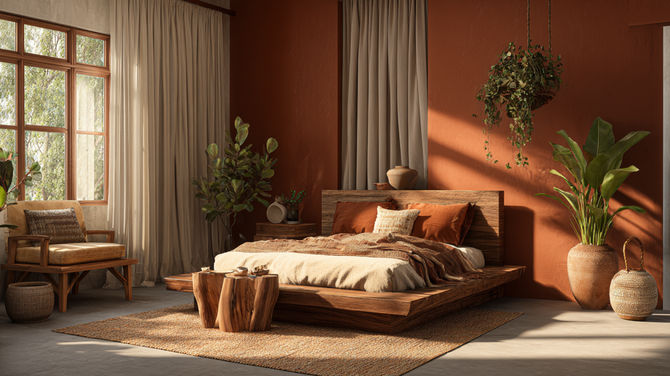Earthy terracotta aesthetic bedroom interior