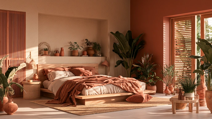 Earthy guest bedroom with terracotta décor and natural wood furniture.