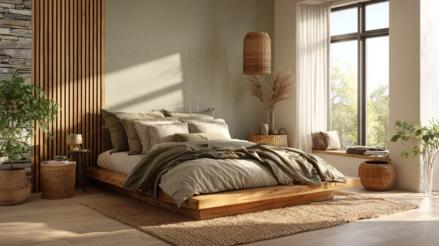 master bedroom interior featuring earthy tones, natural textures, wooden furniture, and cozy layered bedding