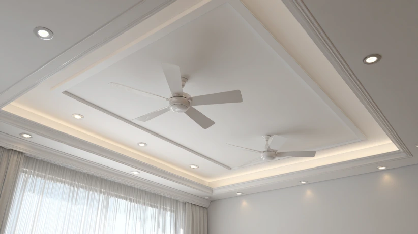simple pop layout featured in an easy two fan ceiling design