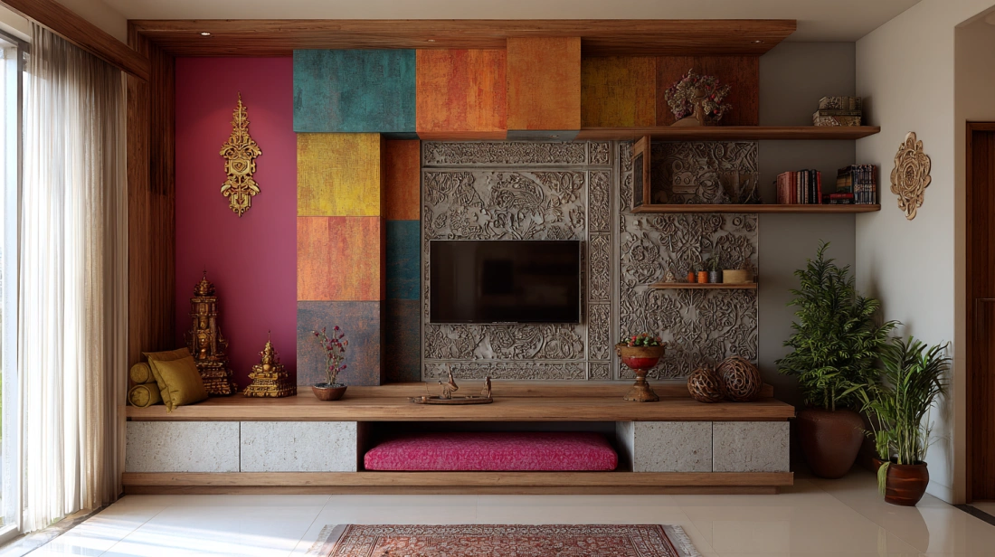 Colourful artistic wall mandir in living room