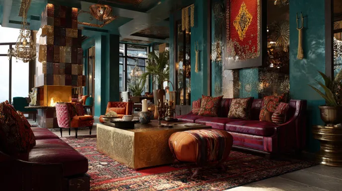 Eclectic interior design with rich color palette