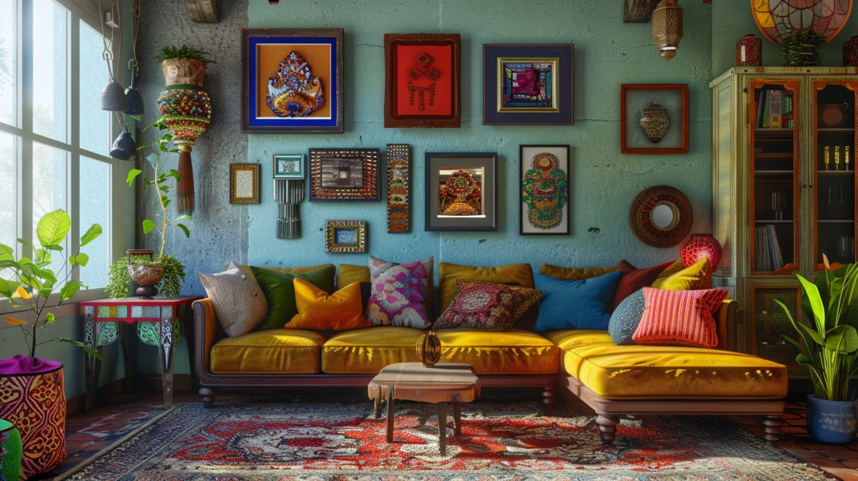 Eclectic Indian living room with mixed colours and styles