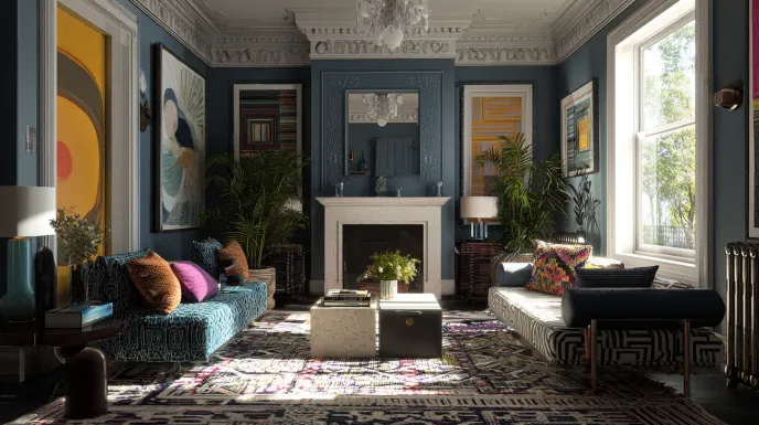 Modern eclectic interior design living room with blue walls, statement art, patterned sofas, fireplace, and layered geometric rug.