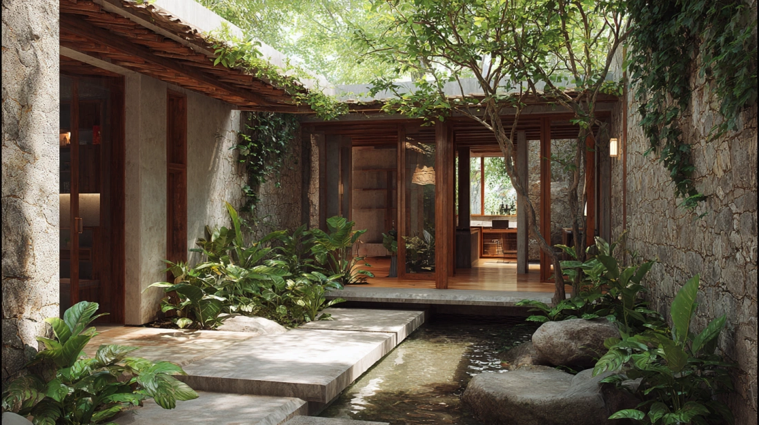 Modern courtyard featuring sustainable materials and native plant species