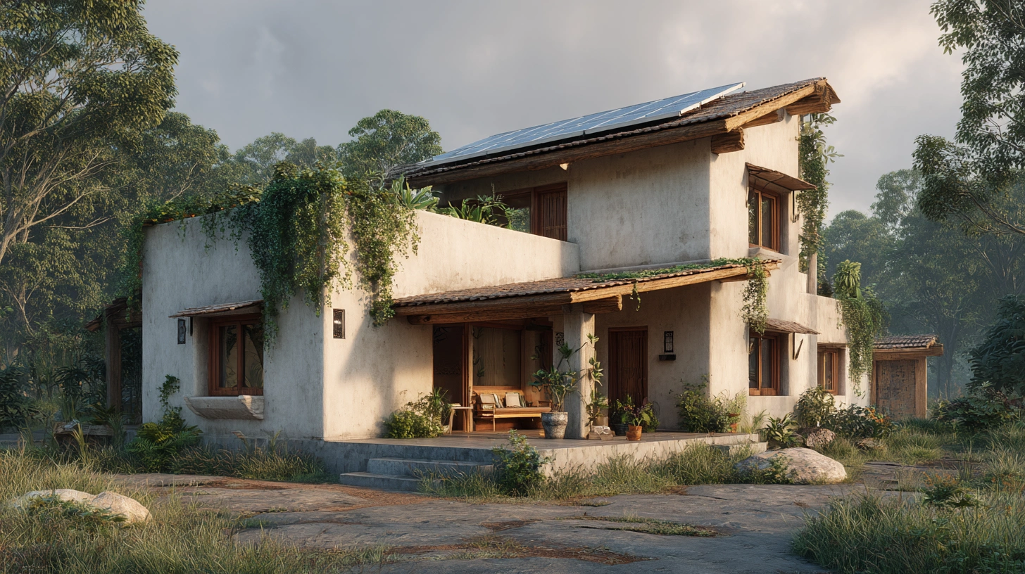 Eco farmhouse with plants, solar panels and wood windows