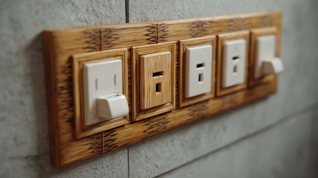 Sustainable bamboo-texture modular switchboard on a concrete wall