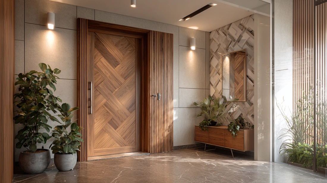 Veneer door with subtle pattern at Indian home entrance