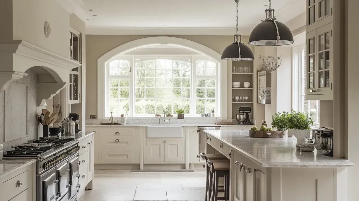Large white marble arch window in a luxury farmhouse kitchen