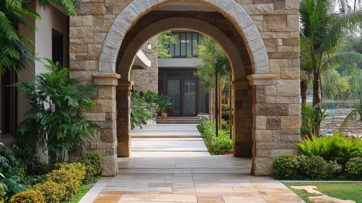 Grand stone archway leading to a luxury home entrance