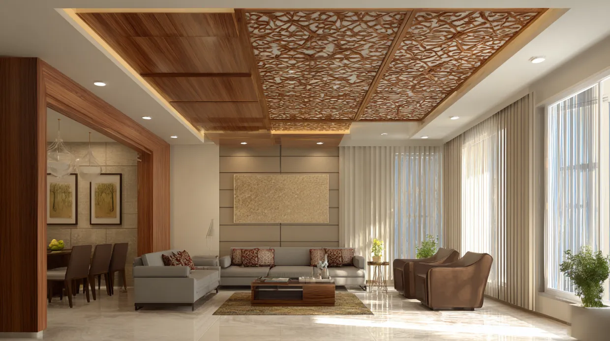 Elegant L-shaped false ceiling design hall with wooden panels