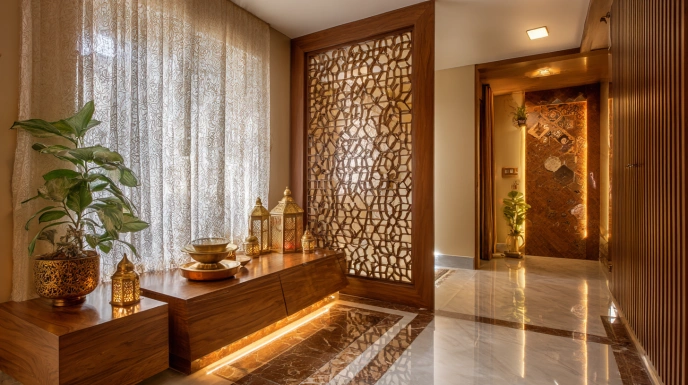 Traditional pooja room with wooden jaali partition