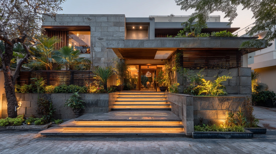 Steps and garden lead to cement facade