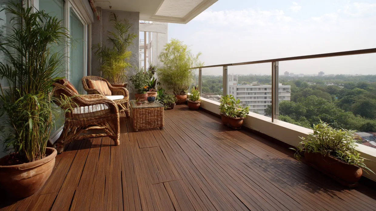 engineered wood balcony flooring design for warm, stylish, and durable outdoor living spaces