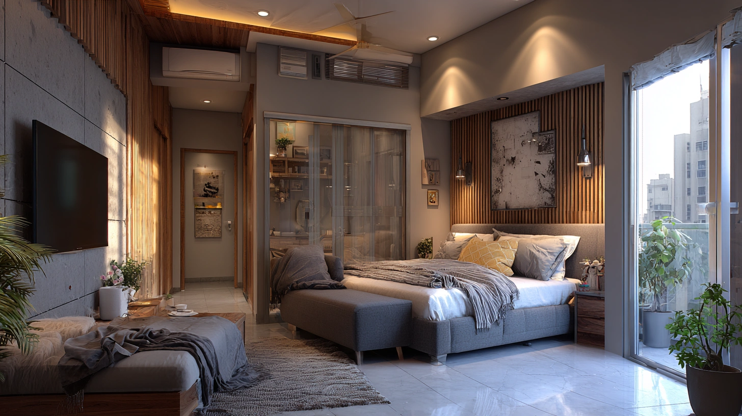 Glass partition bedroom connected to living room in small flat