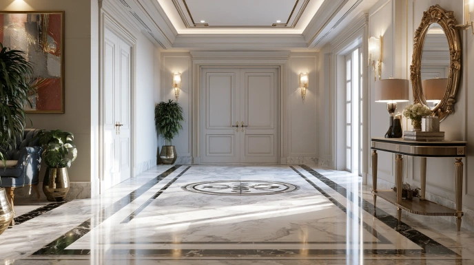 Decorative marble flooring in entrance foyer