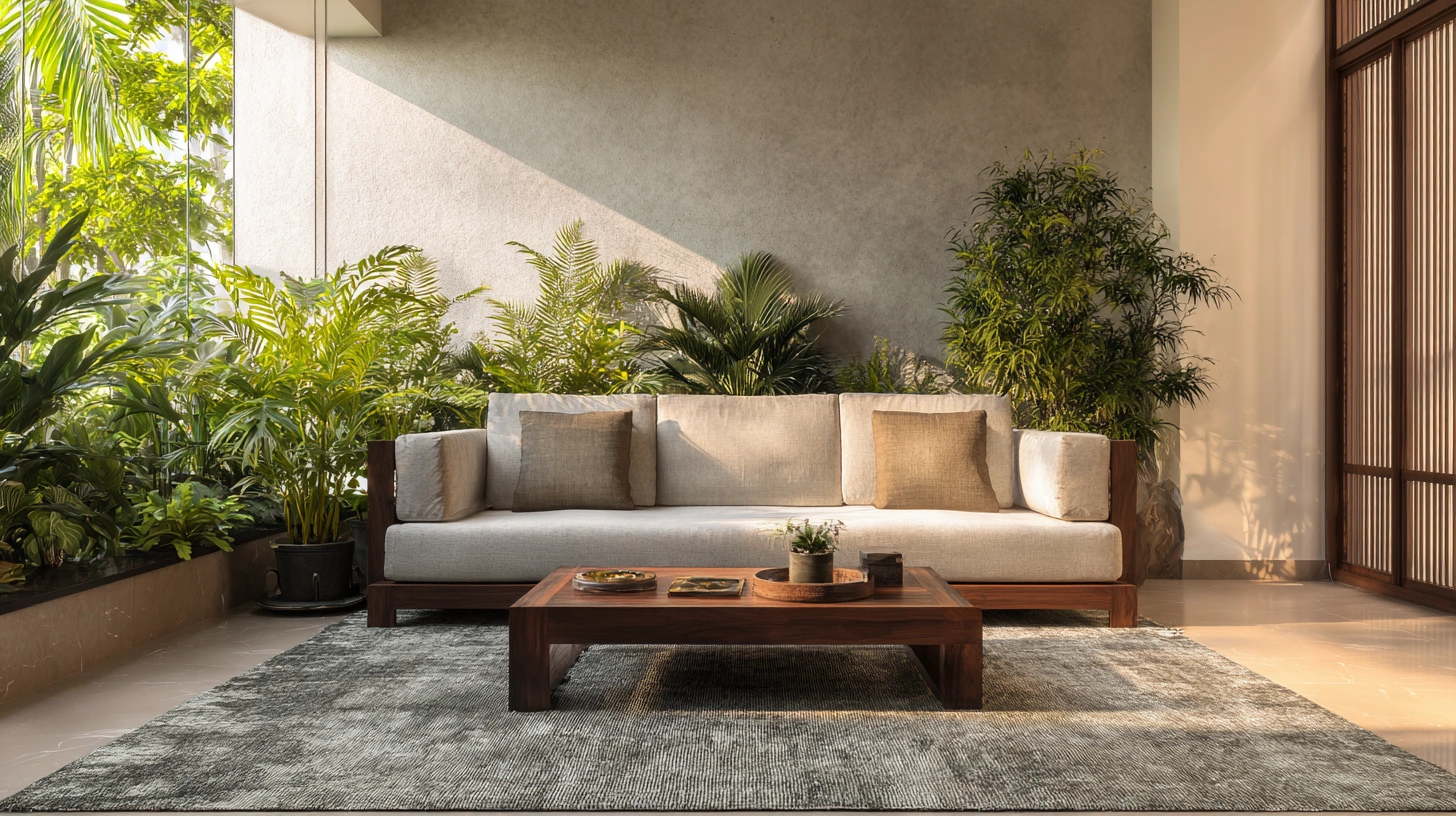Eco carpet from recycled bottles in bright Indian living room décor