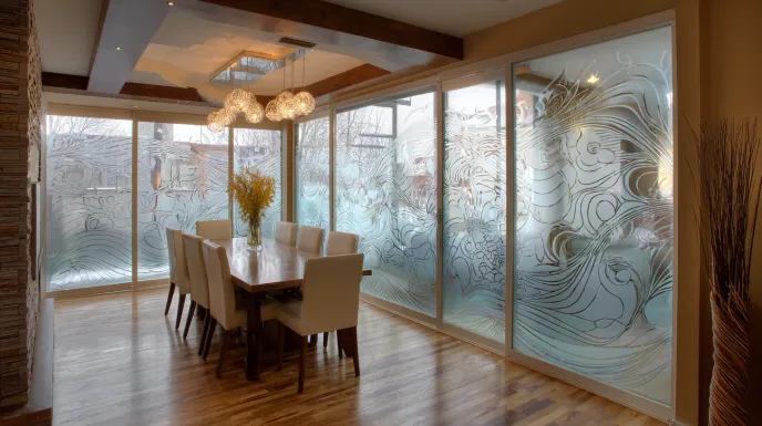 decorative etched glass window with intricate floral patterns