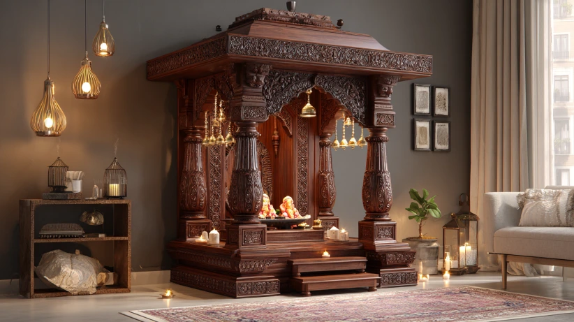 ethnic arc-style mandir crafted with elegant pooja mandir designs for home
