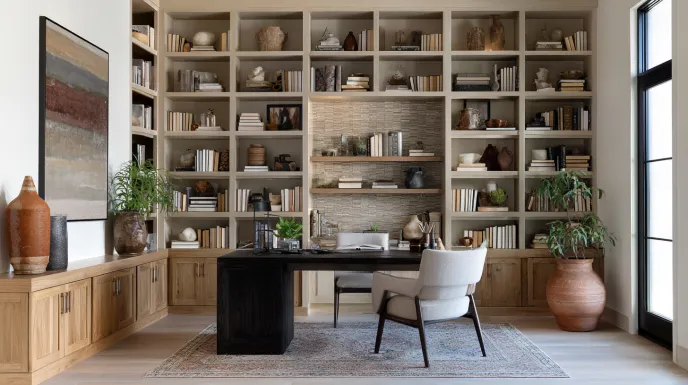 built-in office shelves with plants in custom home library design