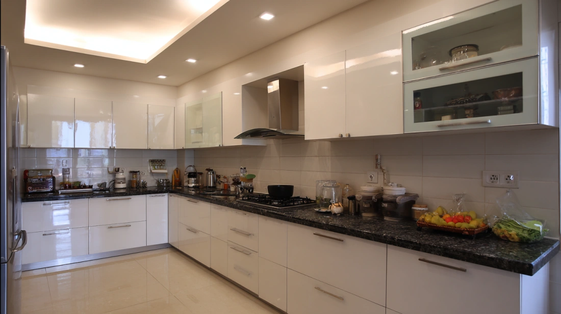 Functional drop ceiling panel framing central kitchen hood