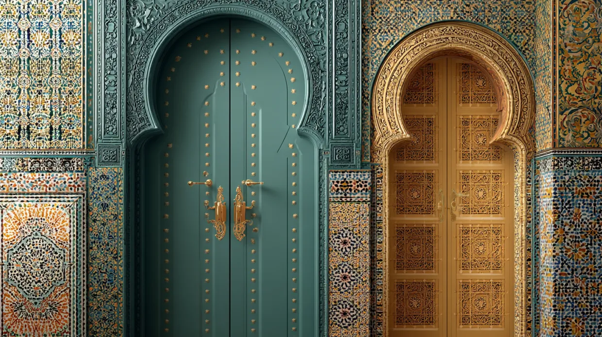 ornate grand Moroccan doors with intricate carvings and vibrant colours