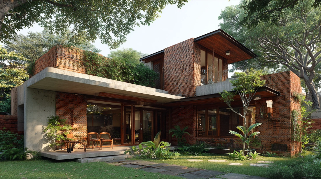 A Simple Farmhouse Design Exposed brick farmhouse with large glass windows and plants