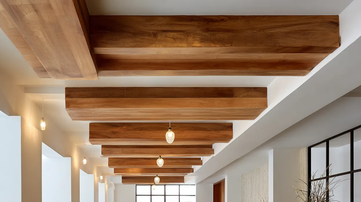 wooden false ceiling design with exposed rustic beams