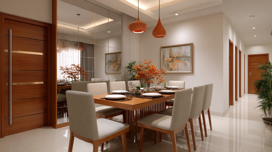 Extendable wooden dining table opened for guests