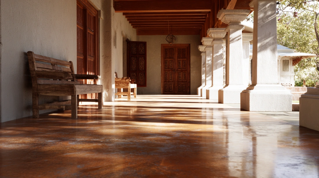 Polished brown concrete veranda with traditional stone pillars