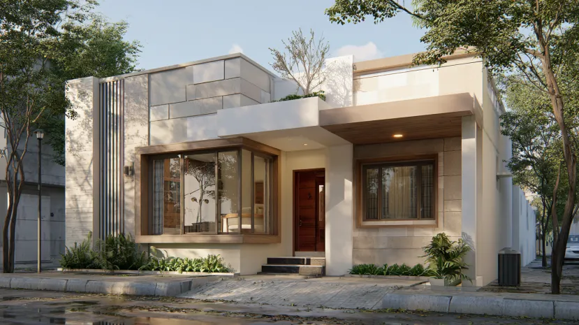 Small house design with a protruding wooden window box.