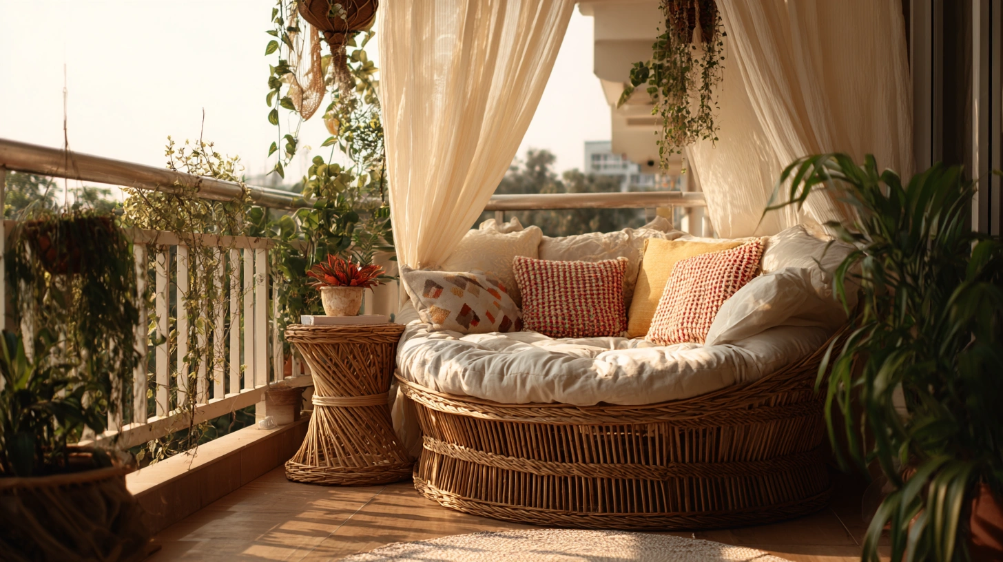 Wide balcony with built-in wooden benches and plush pillows