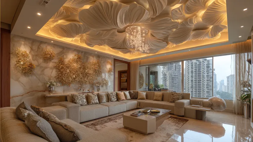 Sculptural 3D POP floral ceiling with crystal light fixture