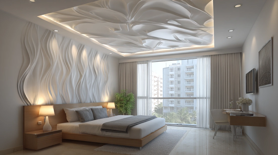 Eye shaped PVC ceiling design in white bedroom interior